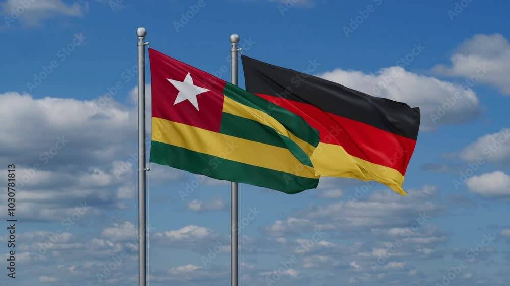 Germany and Togo flags flying together, video concept of the relationship, two country relations concept Germany and Togo flags flying together, video concept of the relationship, two country relations concept