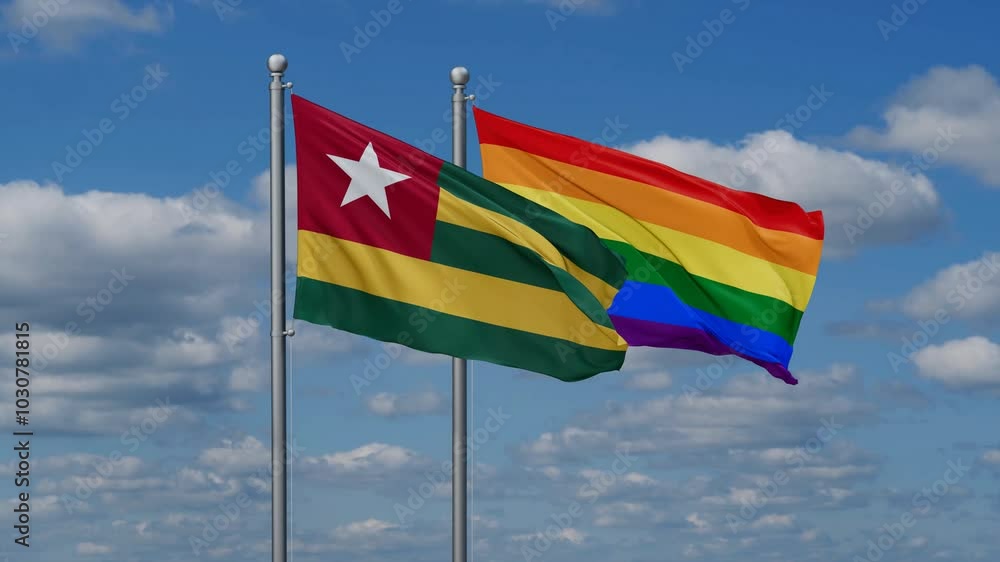 LGBT movement flag also Gay Pride and Togo two flags waving cycle looped video, tolerance conception in country LGBT movement flag also Gay Pride and Togo two flags waving cycle looped video, tolerance conception in country