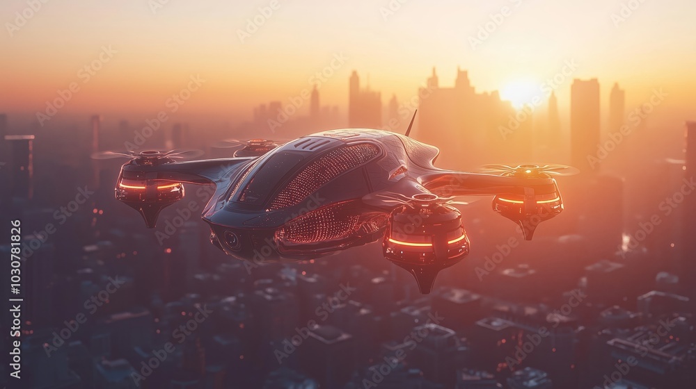 Futuristic Drone Flying Over City Skyline at Sunset Futuristic Drone Flying Over City Skyline at Sunset