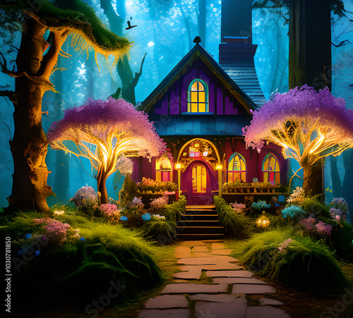 Natural landscape.fantasy world of fairytale country with houses and flowers Cartoon style Advertising for a book.generative ai