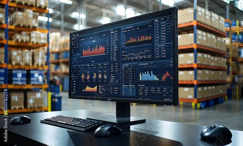 A computer monitor displaying data analytics in a warehouse setting.