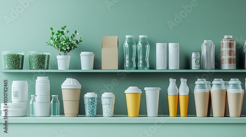 Mockups of sustainable packaging featuring biodegradable plastics and recycled paper products, designed to showcase their role in reducing environmental impact. High resolution Illustration, in the