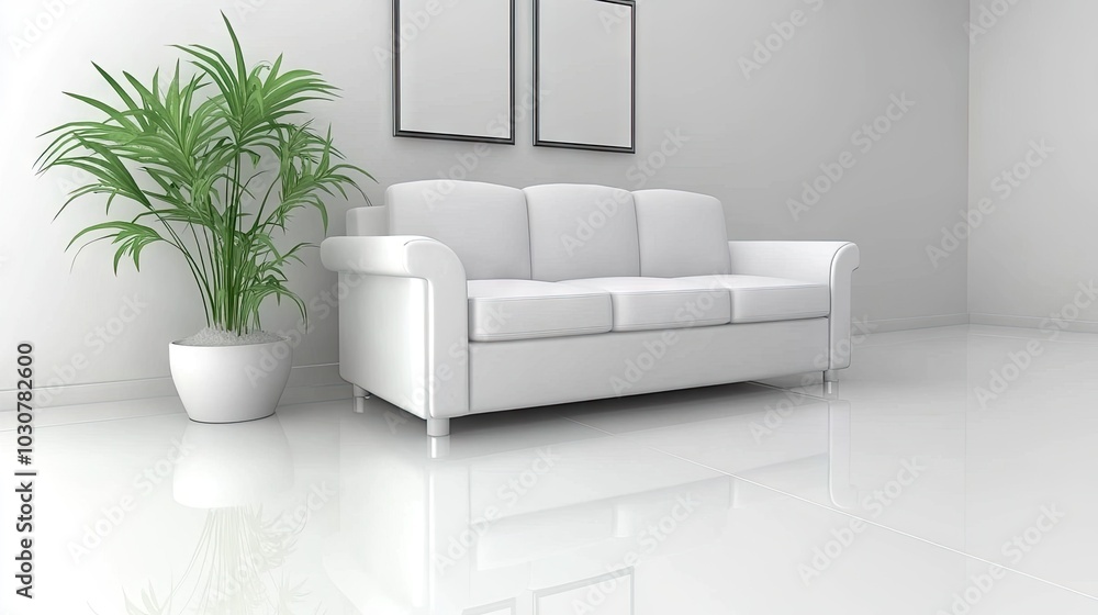 Living room with a solid color sofa, crisp white walls, and framed posters for a chic and clean design. Living room with a solid color sofa, crisp white walls, and framed posters for a chic and clean design.