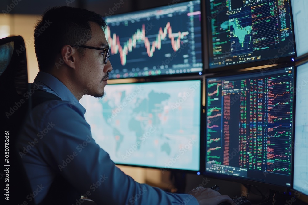 Professional Analyzing International Currency Markets on Multi-Screen Setup for Financial Advantage Professional Analyzing International Currency Markets on Multi-Screen Setup for Financial Advantage