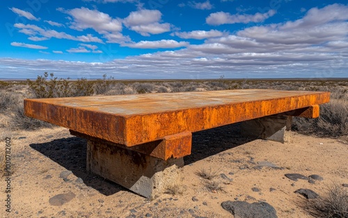 Rusty steel fence in desert landscape with cacti and shrubs under a clear sky photo