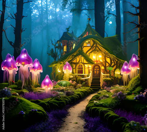 Natural landscape.fantasy world of fairytale country with houses and flowers Cartoon style Advertising for a book.generative ai