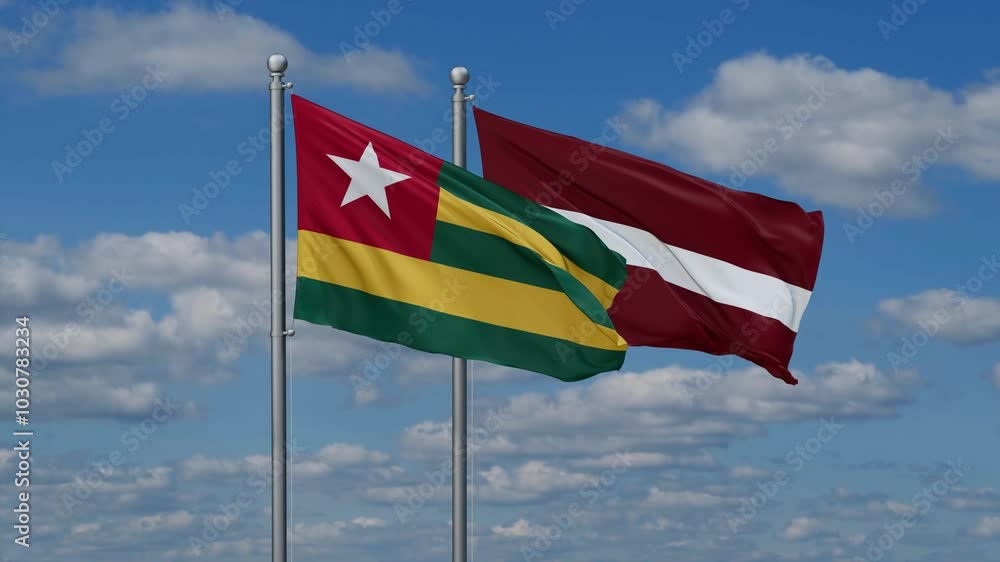 Latvia and Togo flags flying together, video concept of the relationship, two country cooperation concept Latvia and Togo flags flying together, video concept of the relationship, two country cooperation concept
