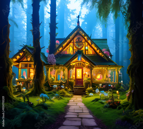 Natural landscape.fantasy world of fairytale country with houses and flowers Cartoon style Advertising for a book.generative ai