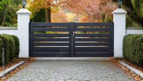 Black aluminum double sliding gate with horizontal slats photo