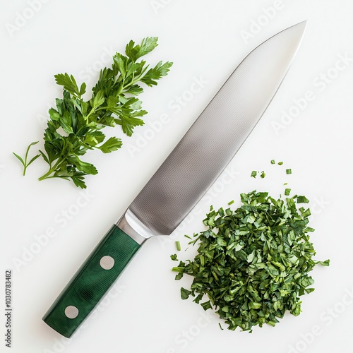 Knife with chopped herbs on a white isolated background. photo