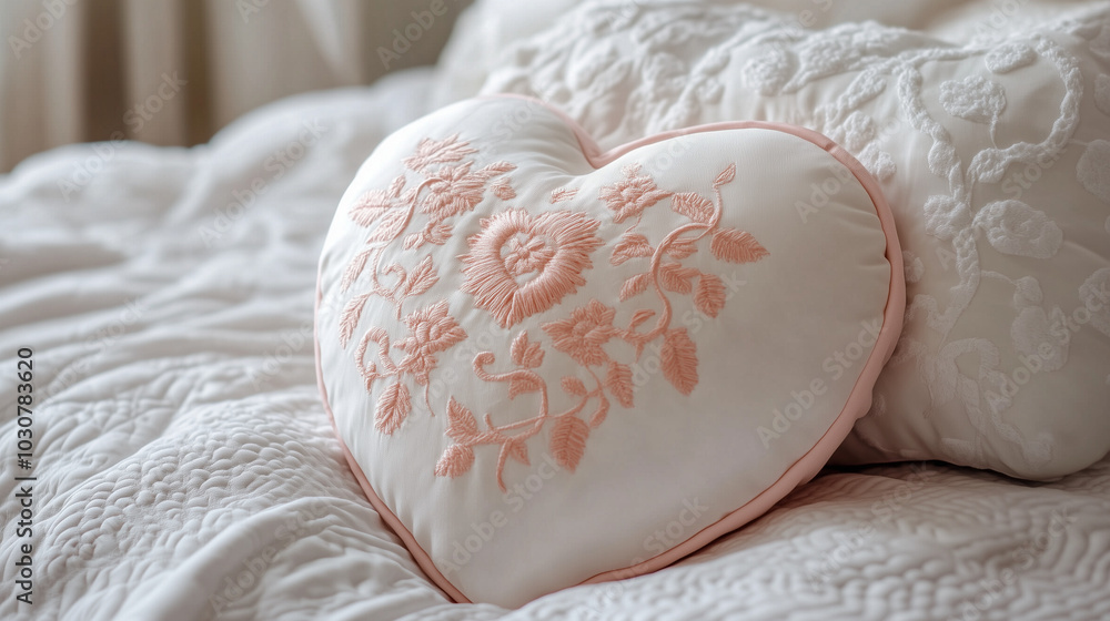 White heart shaped pillow with pink embroidery White heart shaped pillow with pink embroidery