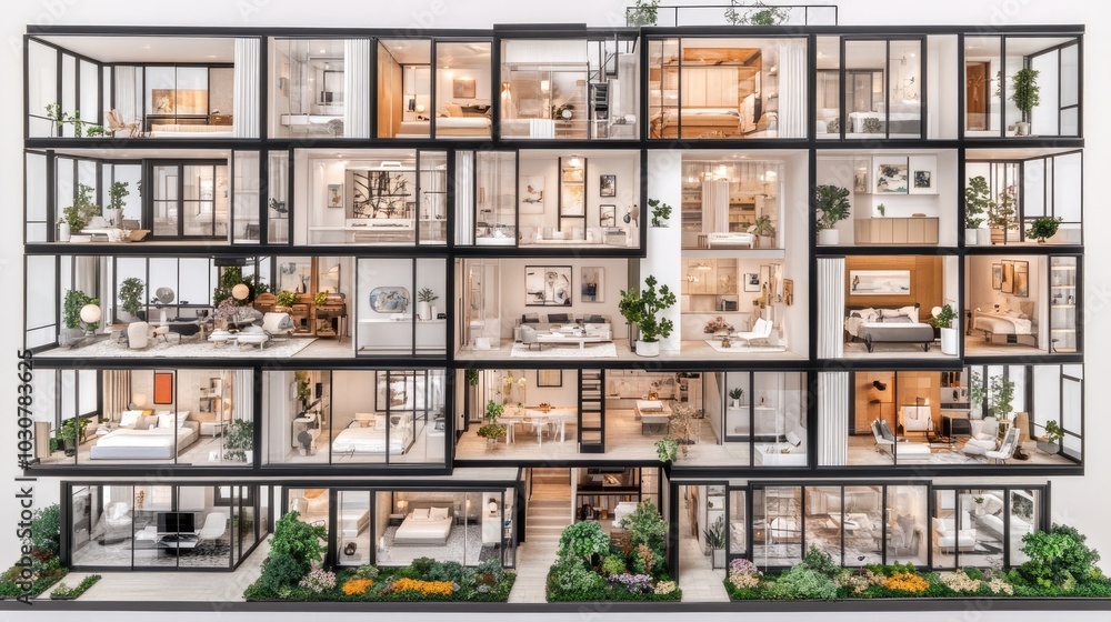 Modern apartment floor plan in HD 3D design, top view showing the layout of all rooms, with a focus on sleek, contemporary interiors Modern apartment floor plan in HD 3D design, top view showing the layout of all rooms, with a focus on sleek, contemporary interiors