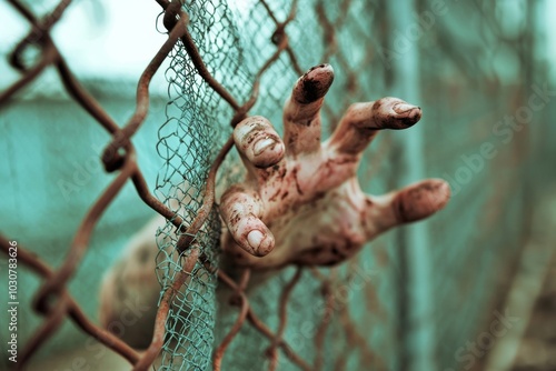 Hands reaching through barbed wire fence symbolizing hope and escape in a zombie apocalypse photo