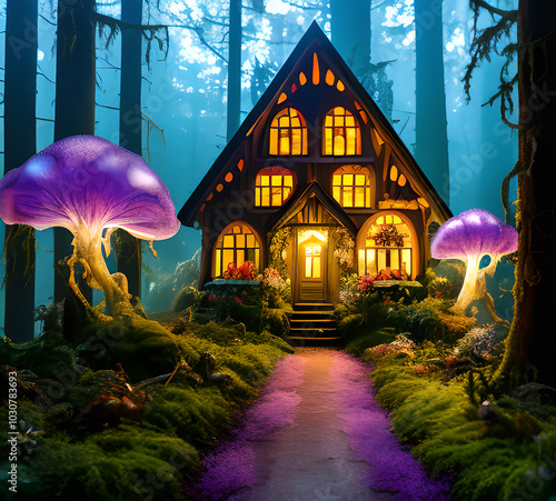 Natural landscape.fantasy world of fairytale country with houses and flowers Cartoon style Advertising for a book.generative ai