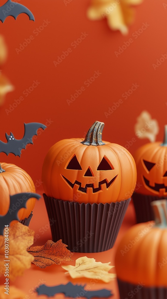 A Halloween scene with a jack-o'-lanterns pumpkins, white ghosts, bats against a bright background. A Halloween scene with a jack-o'-lanterns pumpkins, white ghosts, bats against a bright background.