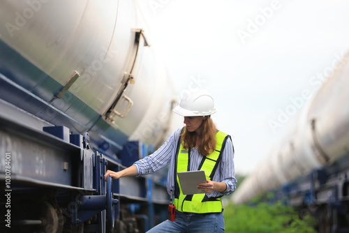 Female warehouse and chemical arrangement  or senior engineer working at  A station designed for transporting oil and gas products in specialized tanks, utilizing train transport on tracks