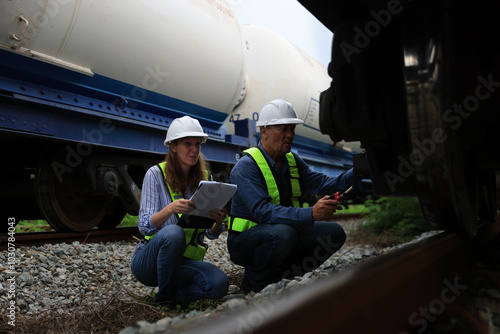 A pair of experienced railway engineers are inspecting the shipment that will soon be transported by train freight from the bustling shipping yard train station.