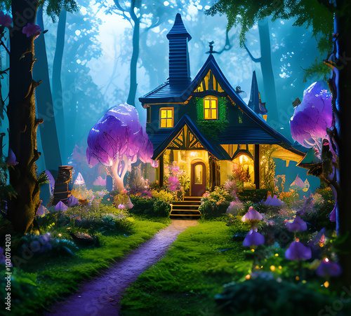 Natural landscape.fantasy world of fairytale country with houses and flowers Cartoon style Advertising for a book.generative ai