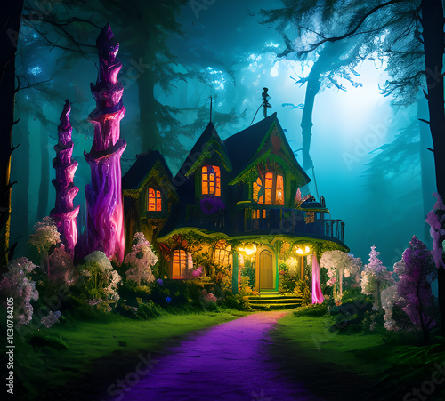 Natural landscape.fantasy world of fairytale country with houses and flowers Cartoon style Advertising for a book.generative ai