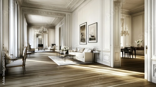 Modern minimalist living room with a one-color sofa and white walls, with framed poster spaces for added style.