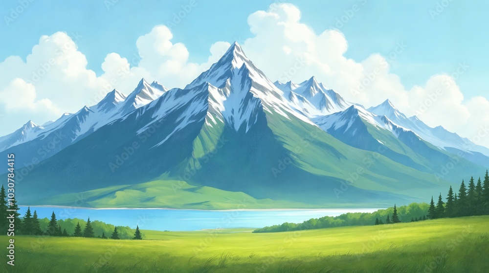 Fototapeta premium Majestic Mountain Range with Snowcapped Peaks and Serene Lake