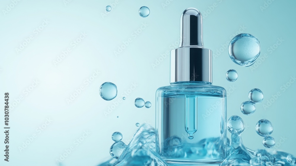 3D Collagen Serum and Hyaluronic Acid Skin Care Solutions, Cosmetic Advertising Background with Blue Water Bubbles, Molecules, Atoms. 3D Collagen Serum and Hyaluronic Acid Skin Care Solutions, Cosmetic Advertising Background with Blue Water Bubbles, Molecules, Atoms.