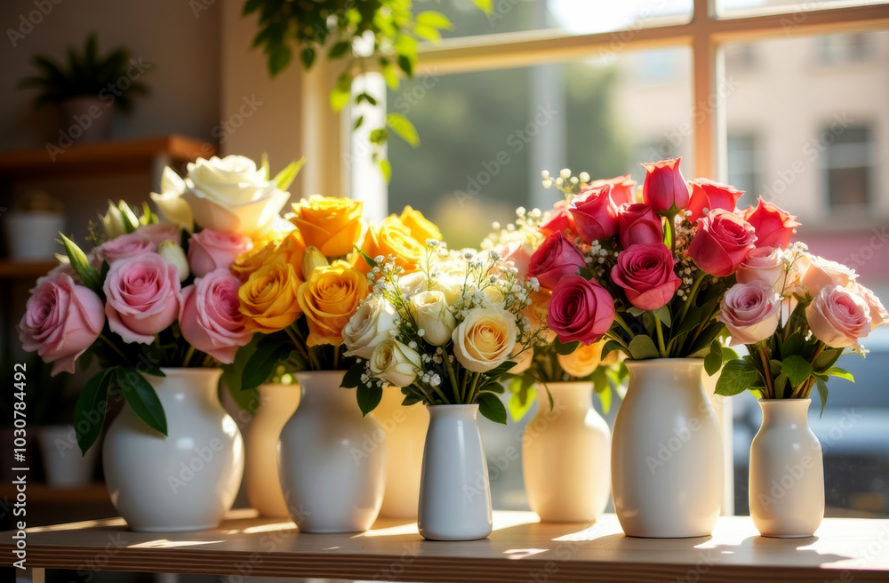 beautiful delicate flowers roses are collected in bouquets stand in white vases pots on the windowsill near the display case beautiful delicate flowers roses are collected in bouquets stand in white vases pots on the windowsill near the display case