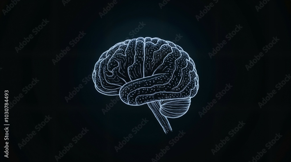 Digital Brain Illustration - Blue Outline Digital Brain Illustration - Blue Outline