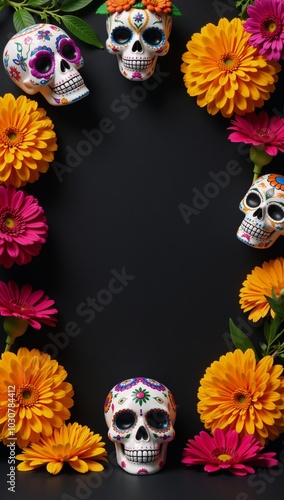 Vibrant Day of the Dead scene featuring traditional sugar skulls marigolds and room for product promoparty invite