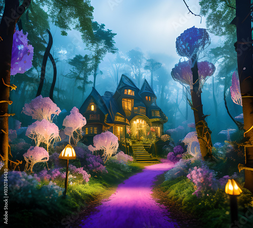 Natural landscape.fantasy world of fairytale country with houses and flowers Cartoon style Advertising for a book.generative ai