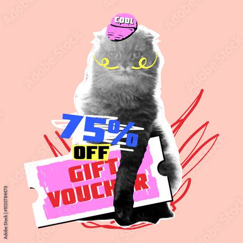 Creative collage with halftone effects, paper cutouts and scribble on the theme of sales. A funny pet is holding a large gift voucher in its paws. For advertising on the Internet, social networks.