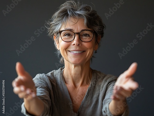 A smiling older woman with glasses extends her arms in a welcoming gesture against a neutral background.