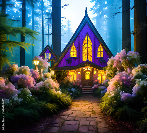 Natural landscape.fantasy world of fairytale country with houses and flowers Cartoon style Advertising for a book.generative ai