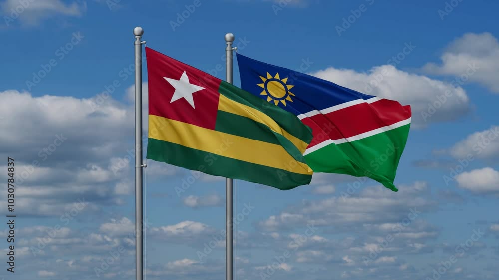 Togo and Namibia flags flying together, video concept of the relationship, two country relations concept Togo and Namibia flags flying together, video concept of the relationship, two country relations concept