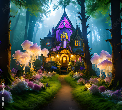 Natural landscape.fantasy world of fairytale country with houses and flowers Cartoon style Advertising for a book.generative ai