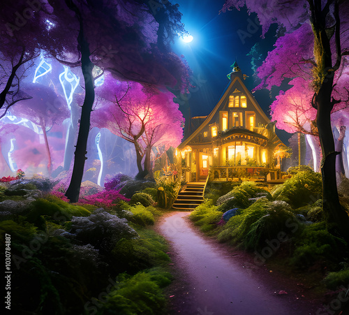 Natural landscape.fantasy world of fairytale country with houses and flowers Cartoon style Advertising for a book.generative ai