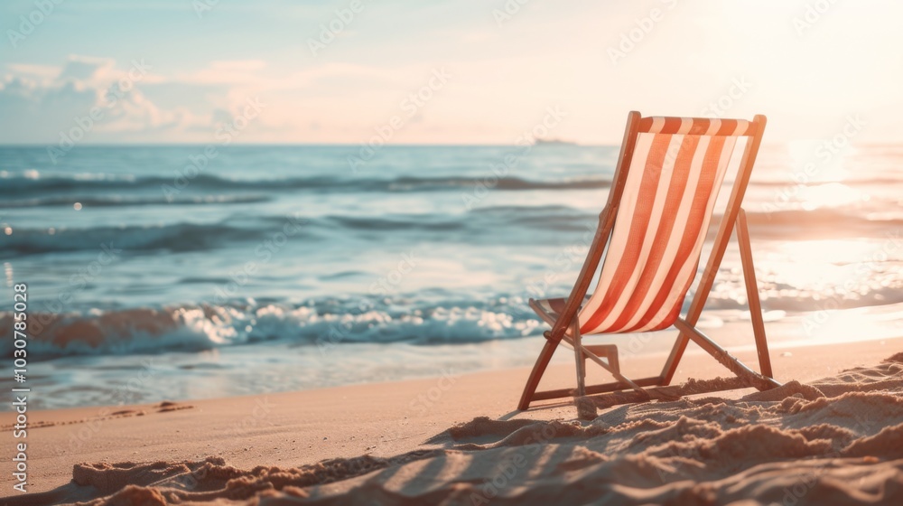 Relaxing Beach Chair with Ocean View at Sunset Relaxing Beach Chair with Ocean View at Sunset