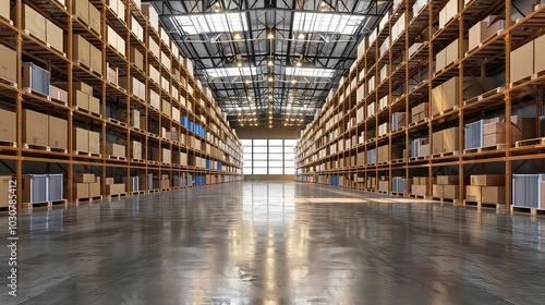 A wide shot of an empty warehouse interior with rows of shelves filled with cardboard boxes and a large window at the far end.