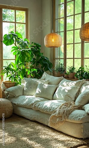 A cozy living room filled with plants and natural light, creating a serene atmosphere.