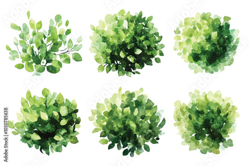 Set of watercolor lush green shrubs bushes gardening in various shapes design resources elements isolated on transparent background