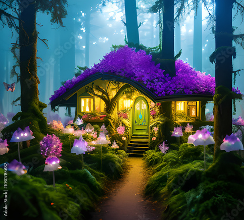 Natural landscape.fantasy world of fairytale country with houses and flowers Cartoon style Advertising for a book.generative ai