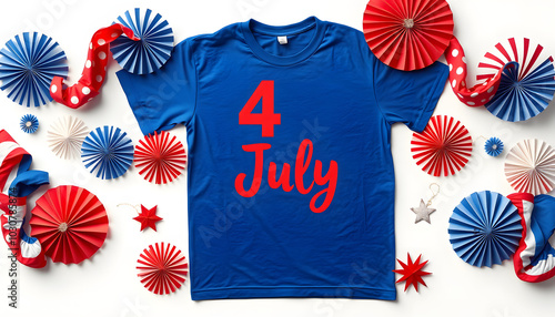 T-shirt mock up. Fashion flat lay 4th of July decoration isolated with white highlights, png photo