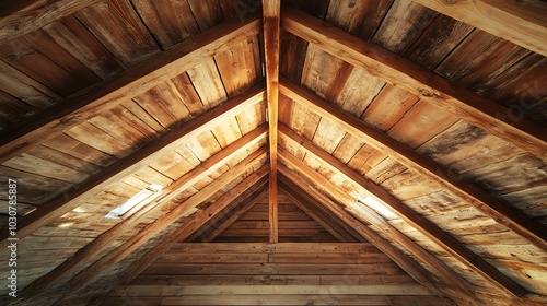 Rustic wooden beams form a triangular pattern in an attic space.