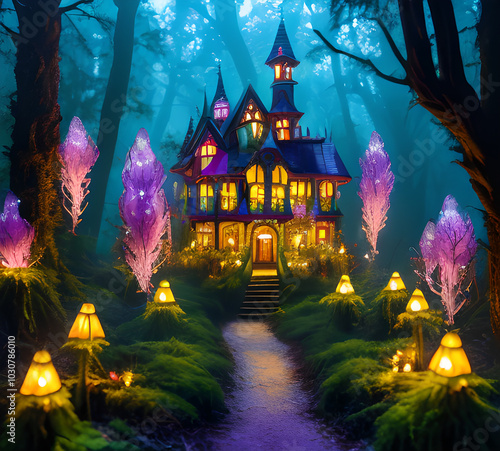 Natural landscape.fantasy world of fairytale country with houses and flowers Cartoon style Advertising for a book.generative ai