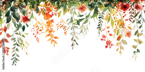 Watercolor arrangement of bush flowers and leaves grass field hanging upside down in warm autumn colors design resources elements isolated on transparent background