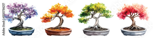 Set watercolor bonsai trees foliage in shades of purple, orange, pink, and green representing seasonal colors isolated on transparent background