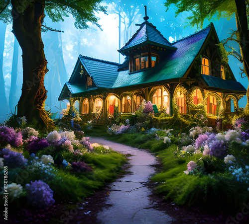 Natural landscape.fantasy world of fairytale country with houses and flowers Cartoon style Advertising for a book.generative ai
