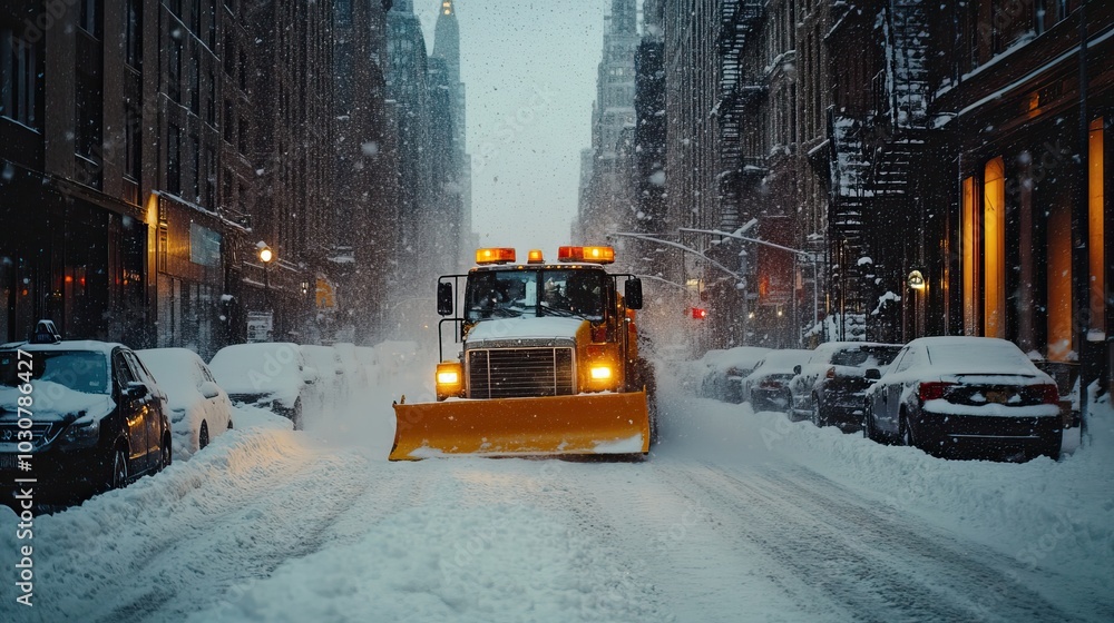 Snowplow truck clearing city streets during a night snowfall. Winter. AI generated image Snowplow truck clearing city streets during a night snowfall. Winter. AI generated image