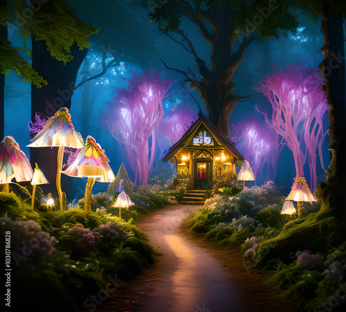 Natural landscape.fantasy world of fairytale country with houses and flowers Cartoon style Advertising for a book.generative ai