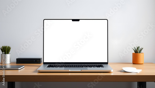 laptop computer mockup with blank screen on office desk isolated with white highlights, png photo